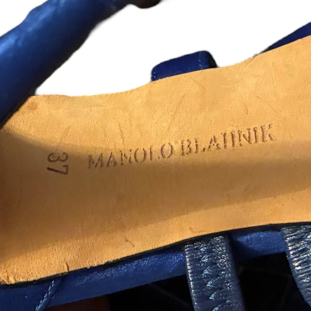 Manolo Blahnik Blue Satin Strappy Cage‎ Sandals Heels EU 37 Made in Italy